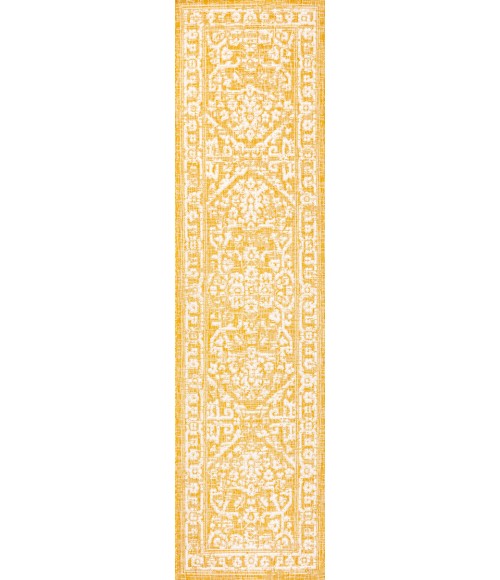 Malta Bohemian Medallion Textured Weave Yellow/Cream 2 ft. x 8 ft. Indoor/Outdoor Runner Rug