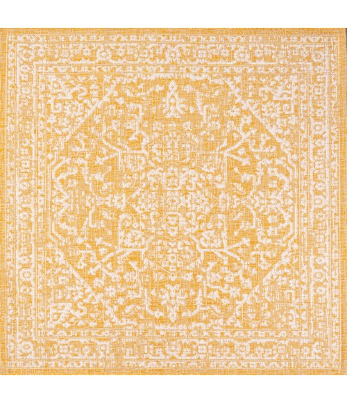 SANTA MONICA Area Rug Malta Bohemian Medallion Textured Weave Yellow/Cream 5' Square Indoor/Outdoor Area Rug