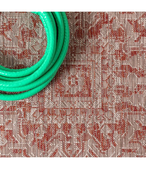 Estrella Bohemian Medallion Textured Weave Red/Taupe 5' Square Indoor/Outdoor Area Rug