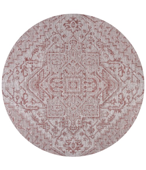 SANTA MONICA Area Rug Estrella Bohemian Medallion Textured Weave Red/Taupe 5' Round Indoor/Outdoor Area Rug