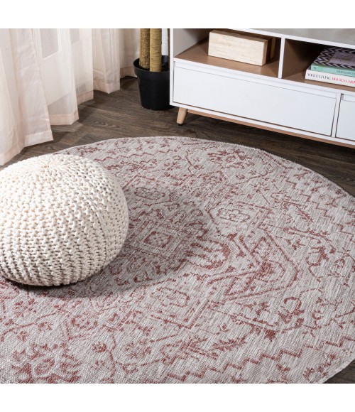 SANTA MONICA Area Rug Estrella Bohemian Medallion Textured Weave Red/Taupe 5' Round Indoor/Outdoor Area Rug
