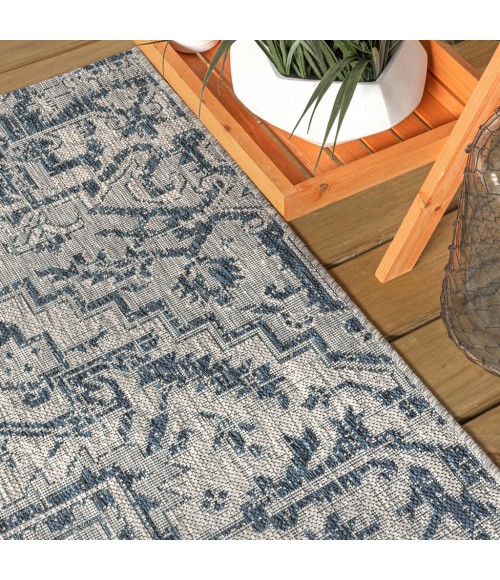 SANTA MONICA Area Rug Estrella Bohemian Medallion Textured Weave Navy/Gray 5' Round Indoor/Outdoor Area Rug