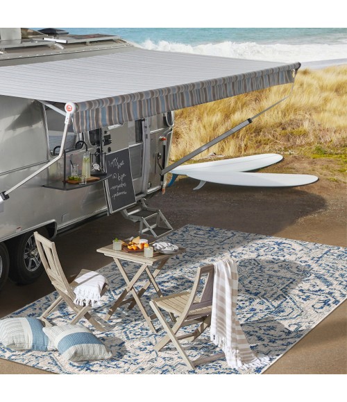 SANTA MONICA Area Rug Estrella Bohemian Medallion Textured Weave Navy/Gray 5' Round Indoor/Outdoor Area Rug