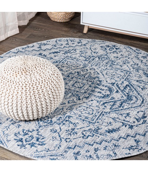 SANTA MONICA Area Rug Estrella Bohemian Medallion Textured Weave Navy/Gray 5' Round Indoor/Outdoor Area Rug