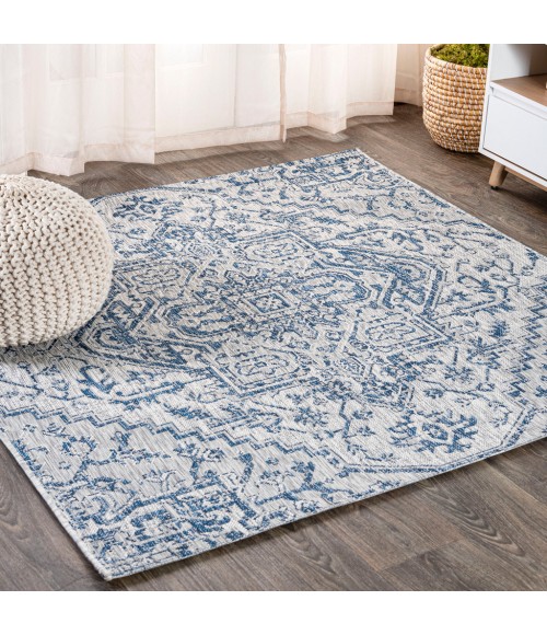 SANTA MONICA Area Rug Estrella Bohemian Medallion Textured Weave Navy/Gray 5' Square Indoor/Outdoor Area Rug