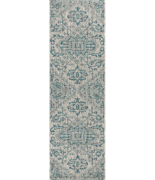 Estrella Bohemian Medallion Textured Weave Teal/Gray 2 ft. x 10 ft. Indoor/Outdoor Runner Rug