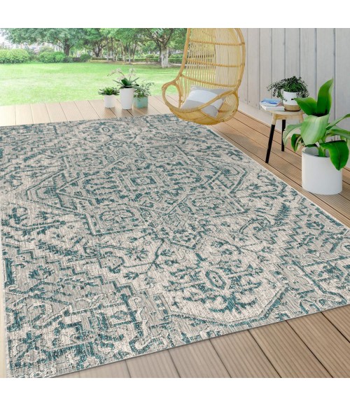 SANTA MONICA Area Rug Estrella Bohemian Medallion Textured Weave Teal/Gray 9 ft. x 12 ft. Indoor/Outdoor Area Rug