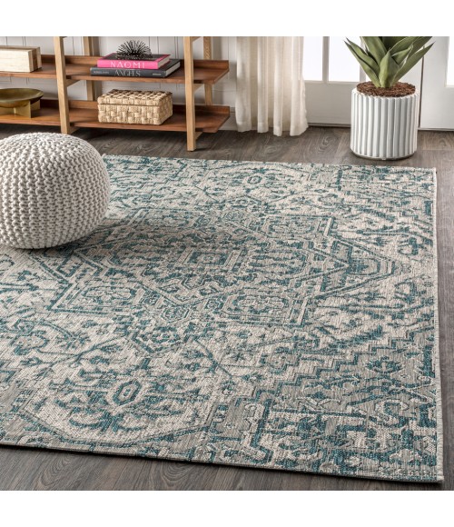 SANTA MONICA Area Rug Estrella Bohemian Medallion Textured Weave Teal/Gray 9 ft. x 12 ft. Indoor/Outdoor Area Rug