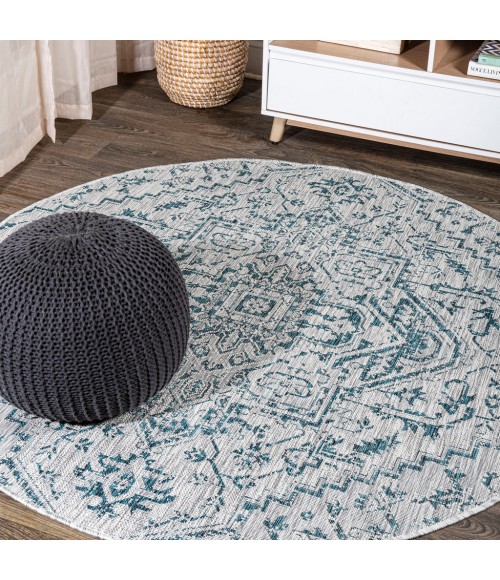 Estrella Bohemian Medallion Textured Weave Teal/Gray 5' Round Indoor/Outdoor Area Rug