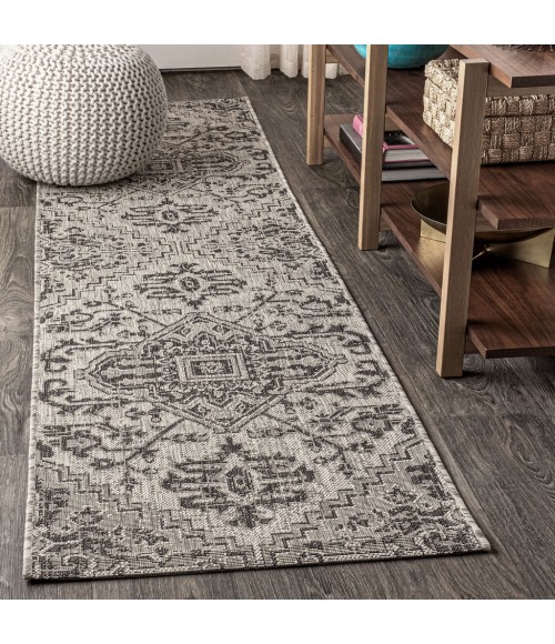 Estrella Bohemian Medallion Textured Weave Black/Gray 2 ft. x 8 ft. Indoor/Outdoor Runner Rug