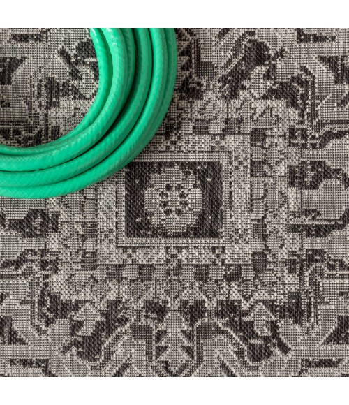 SANTA MONICA Area Rug Estrella Bohemian Medallion Textured Weave Black/Gray 5' Square Indoor/Outdoor Area Rug