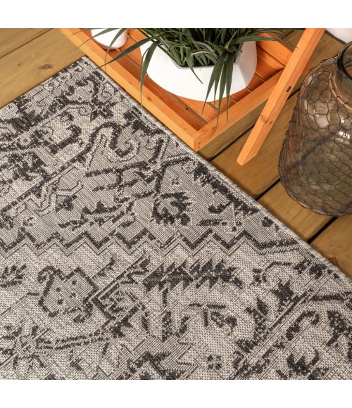 SANTA MONICA Area Rug Estrella Bohemian Medallion Textured Weave Black/Gray 5' Square Indoor/Outdoor Area Rug
