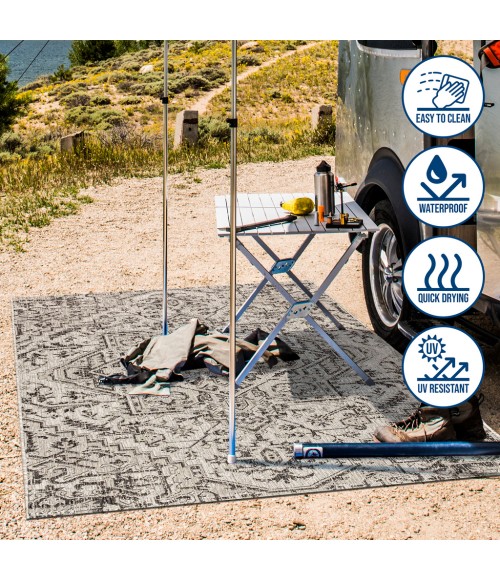 SANTA MONICA Area Rug Estrella Bohemian Medallion Textured Weave Black/Gray 5' Square Indoor/Outdoor Area Rug