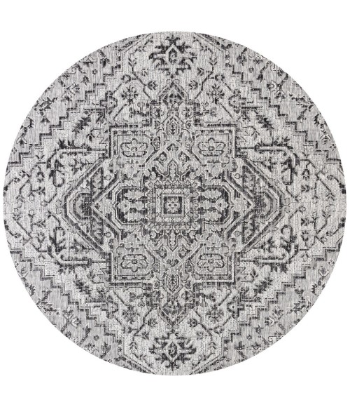 Estrella Bohemian Medallion Textured Weave Black/Gray 5' Round Indoor/Outdoor Area Rug