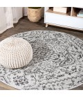 Estrella Bohemian Medallion Textured Weave Black/Gray 5' Round Indoor/Outdoor Area Rug