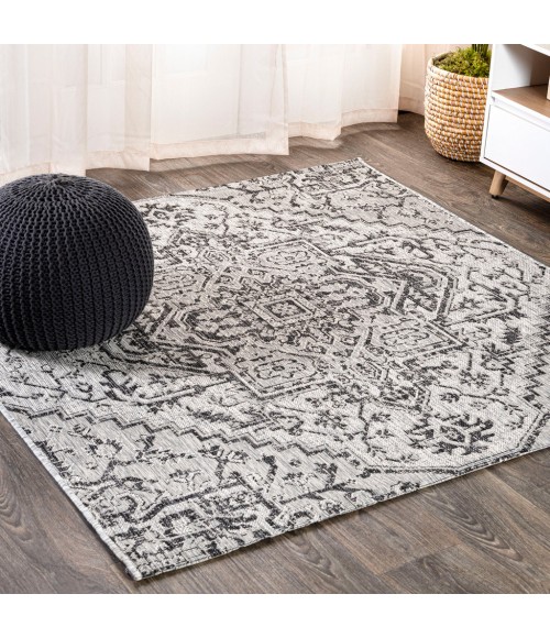 SANTA MONICA Area Rug Estrella Bohemian Medallion Textured Weave Black/Gray 5' Square Indoor/Outdoor Area Rug