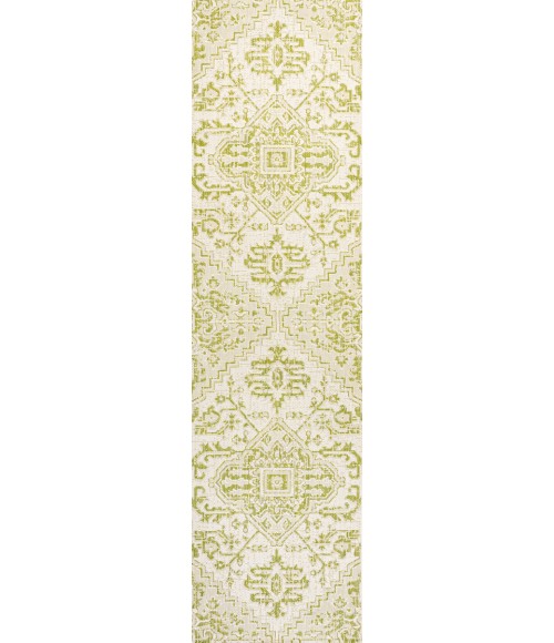 SANTA MONICA Area Rug Estrella Bohemian Medallion Textured Weave Cream/Green 2 ft. x 8 ft. Indoor/Outdoor Runner Rug