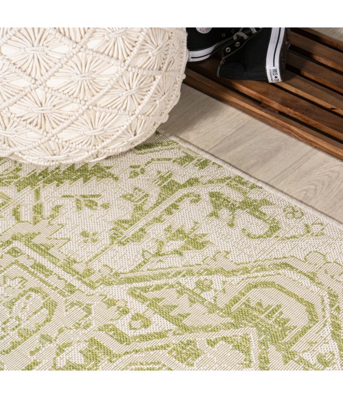 SANTA MONICA Area Rug Estrella Bohemian Medallion Textured Weave Cream/Green 5' Round Indoor/Outdoor Area Rug