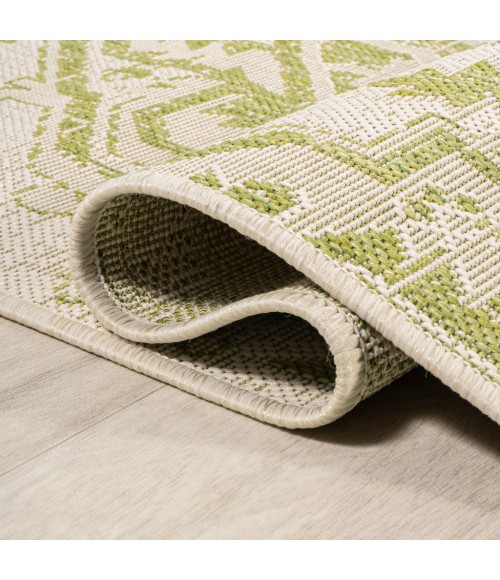 SANTA MONICA Area Rug Estrella Bohemian Medallion Textured Weave Cream/Green 5' Round Indoor/Outdoor Area Rug