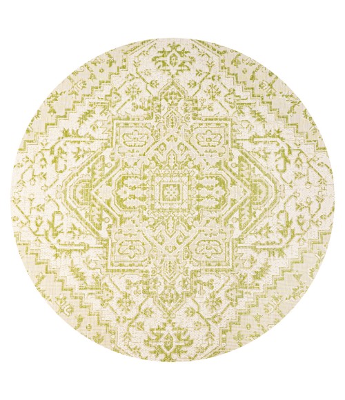 SANTA MONICA Area Rug Estrella Bohemian Medallion Textured Weave Cream/Green 5' Round Indoor/Outdoor Area Rug