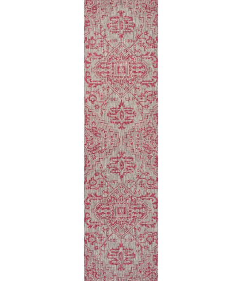 SANTA MONICA Area Rug Estrella Bohemian Medallion Textured Weave Light Gray/Fuchsia 2 ft. x 10 ft. Indoor/Outdoor Runner Rug