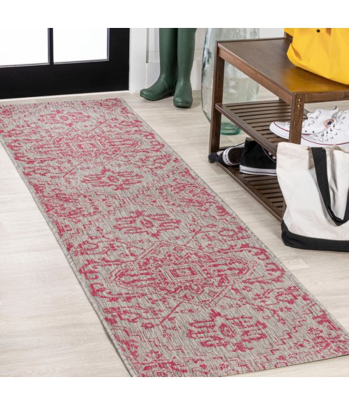 SANTA MONICA Area Rug Estrella Bohemian Medallion Textured Weave Light Gray/Fuchsia 2 ft. x 10 ft. Indoor/Outdoor Runner Rug