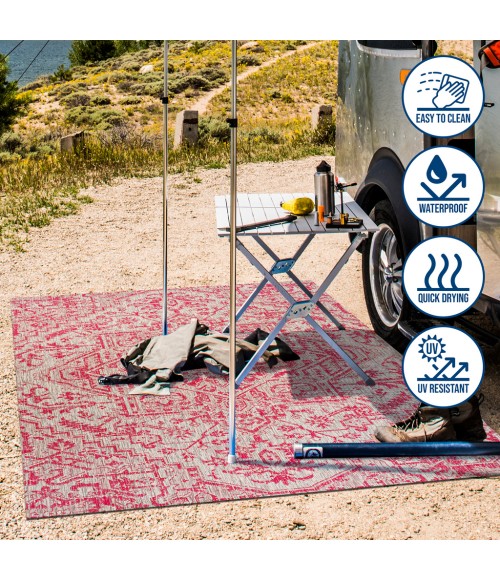 SANTA MONICA Area Rug Estrella Bohemian Medallion Textured Weave Light Gray/Fuchsia 2 ft. x 10 ft. Indoor/Outdoor Runner Rug