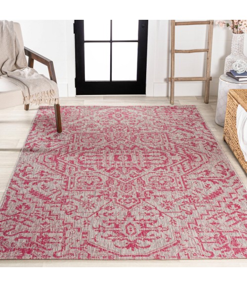 SANTA MONICA Area Rug Estrella Bohemian Medallion Textured Weave Light Gray/Fuchsia 4 ft. x 6 ft. Indoor/Outdoor Area Rug