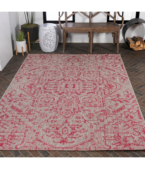SANTA MONICA Area Rug Estrella Bohemian Medallion Textured Weave Light Gray/Fuchsia 4 ft. x 6 ft. Indoor/Outdoor Area Rug