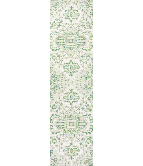 SANTA MONICA Area Rug Estrella Bohemian Medallion Textured Weave Green/Cream 2 ft. x 8 ft. Indoor/Outdoor Runner Rug