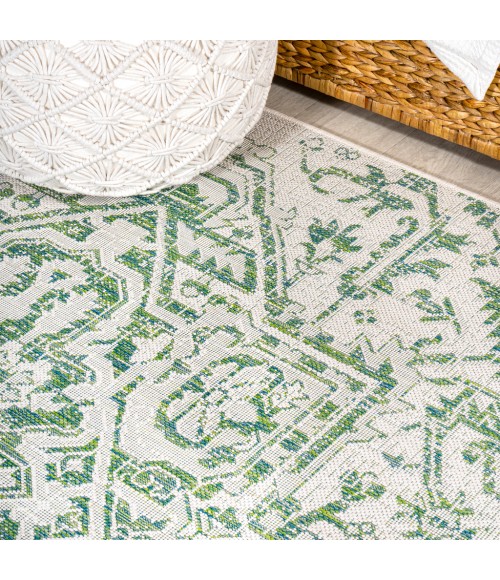SANTA MONICA Area Rug Estrella Bohemian Medallion Textured Weave Green/Cream 2 ft. x 8 ft. Indoor/Outdoor Runner Rug