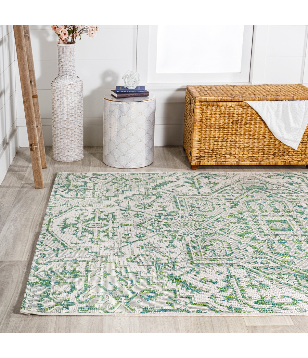 Estrella Bohemian Medallion Textured Weave Green/Cream 9 ft. x 12 ft