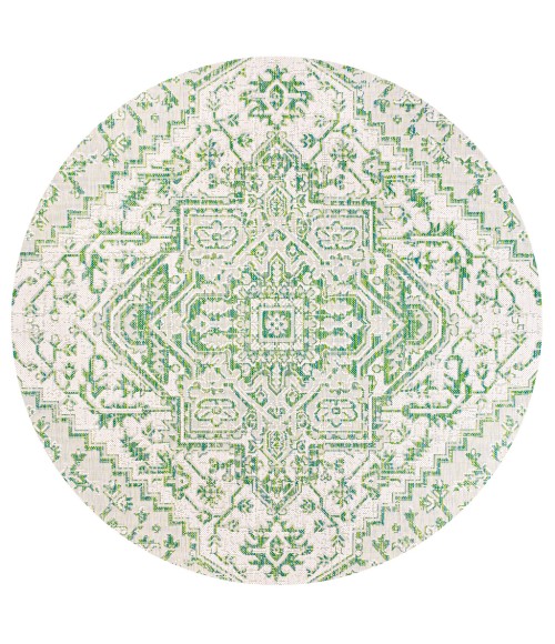 SANTA MONICA Area Rug Estrella Bohemian Medallion Textured Weave Green/Cream 5' Round Indoor/Outdoor Area Rug