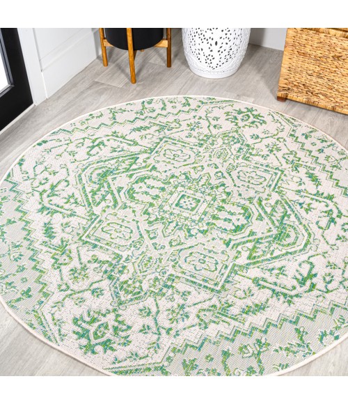 SANTA MONICA Area Rug Estrella Bohemian Medallion Textured Weave Green/Cream 5' Round Indoor/Outdoor Area Rug