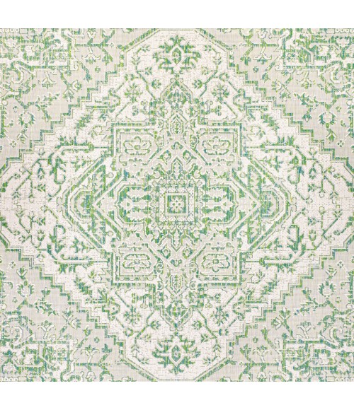 SANTA MONICA Area Rug Estrella Bohemian Medallion Textured Weave Green/Cream 5' Square Indoor/Outdoor Area Rug