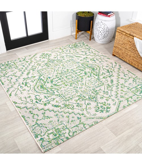 SANTA MONICA Area Rug Estrella Bohemian Medallion Textured Weave Green/Cream 5' Square Indoor/Outdoor Area Rug