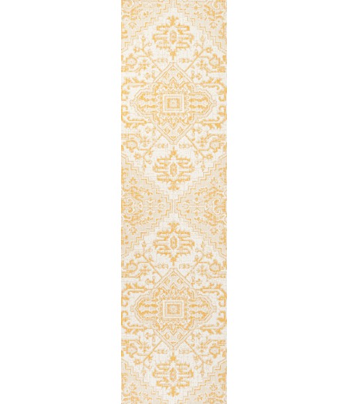 SANTA MONICA Area Rug Estrella Bohemian Medallion Textured Weave Cream/Yellow 2 ft. x 10 ft. Indoor/Outdoor Runner Rug