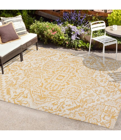 SANTA MONICA Area Rug Estrella Bohemian Medallion Textured Weave Cream/Yellow 4 ft. x 6 ft. Indoor/Outdoor Area Rug