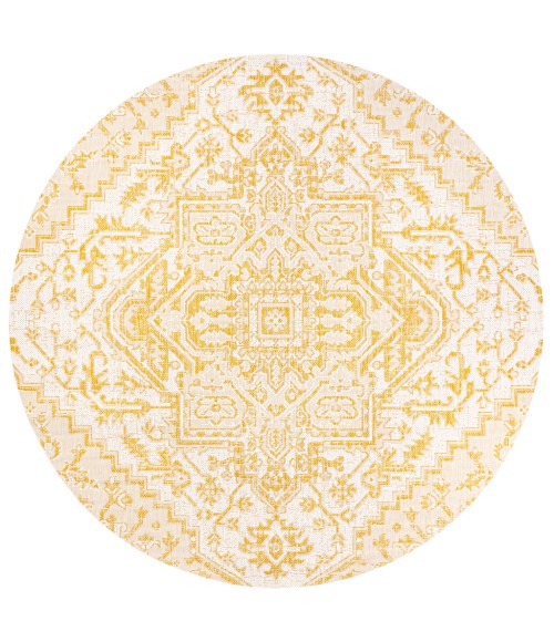 SANTA MONICA Area Rug Estrella Bohemian Medallion Textured Weave Cream/Yellow 5' Round Indoor/Outdoor Area Rug