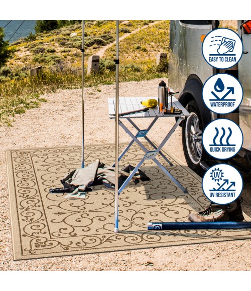SANTA MONICA Area Rug Charleston Vintage Filigree Textured Weave Beige/Brown 2 ft. x 8 ft. Indoor/Outdoor Runner Rug