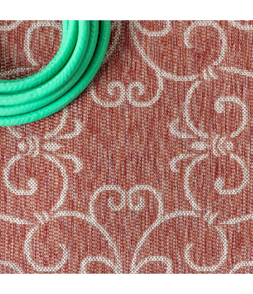 SANTA MONICA Area Rug Charleston Vintage Filigree Textured Weave Red/Beige 8 ft. x 10 ft. Indoor/Outdoor Area Rug