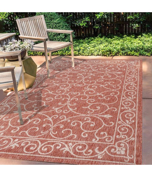 SANTA MONICA Area Rug Charleston Vintage Filigree Textured Weave Red/Beige 8 ft. x 10 ft. Indoor/Outdoor Area Rug