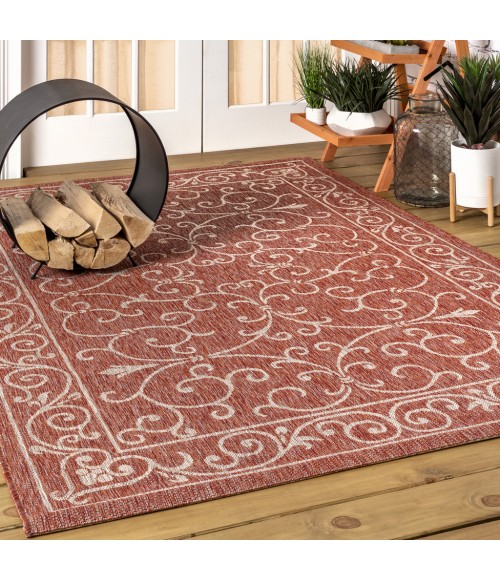 SANTA MONICA Area Rug Charleston Vintage Filigree Textured Weave Red/Beige 8 ft. x 10 ft. Indoor/Outdoor Area Rug