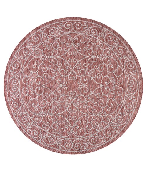 Charleston Vintage Filigree Textured Weave Red/Beige 5' Round Indoor/Outdoor Area Rug