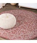 Charleston Vintage Filigree Textured Weave Red/Beige 5' Round Indoor/Outdoor Area Rug