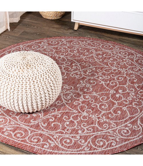 Charleston Vintage Filigree Textured Weave Red/Beige 5' Round Indoor/Outdoor Area Rug