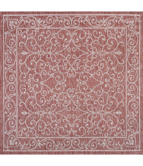 SANTA MONICA Area Rug Charleston Vintage Filigree Textured Weave Red/Beige 5' Square Indoor/Outdoor Area Rug