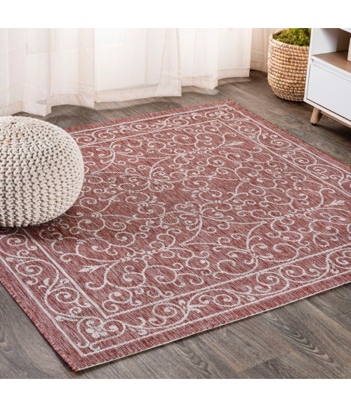 SANTA MONICA Area Rug Charleston Vintage Filigree Textured Weave Red/Beige 5' Square Indoor/Outdoor Area Rug