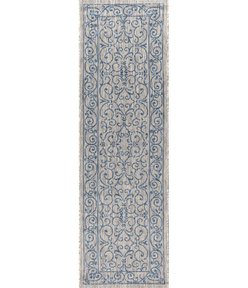 SANTA MONICA Area Rug Charleston Vintage Filigree Textured Weave Gray/Navy 2 ft. x 10 ft. Indoor/Outdoor Runner Rug