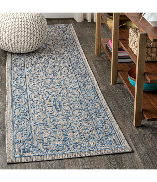 SANTA MONICA Area Rug Charleston Vintage Filigree Textured Weave Gray/Navy 2 ft. x 10 ft. Indoor/Outdoor Runner Rug